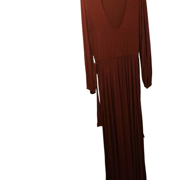 Maxi Dress Women's 3x Wine Long Sleeve Cut Out Front Stretch Pockets Tie Waist - Picture 1 of 4